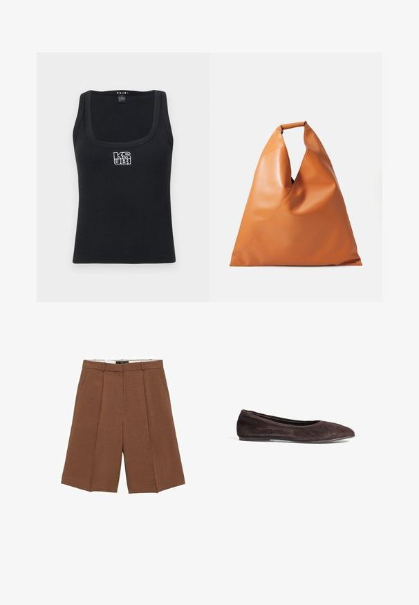 Top in maglia nera a coste con scollatura quadrata e logo ricamato bianco sul davanti. Realizzato in un materiale elastico.; Shorts marroni su misura realizzati in un tessuto morbido, caratterizzati da una vita alta, frontale piatto, due tasche laterali e un design ampio e largo.; Ballerine in suede marrone con punta affusolata e profilo basso. Presenta una texture liscia e un design minimalista. Nessun hardware o accenti visibili.; Borsa triangolare in pelle liscia color nocciola con manico corto e arrotondato, dalla struttura morbida e informale su sfondo bianco.
