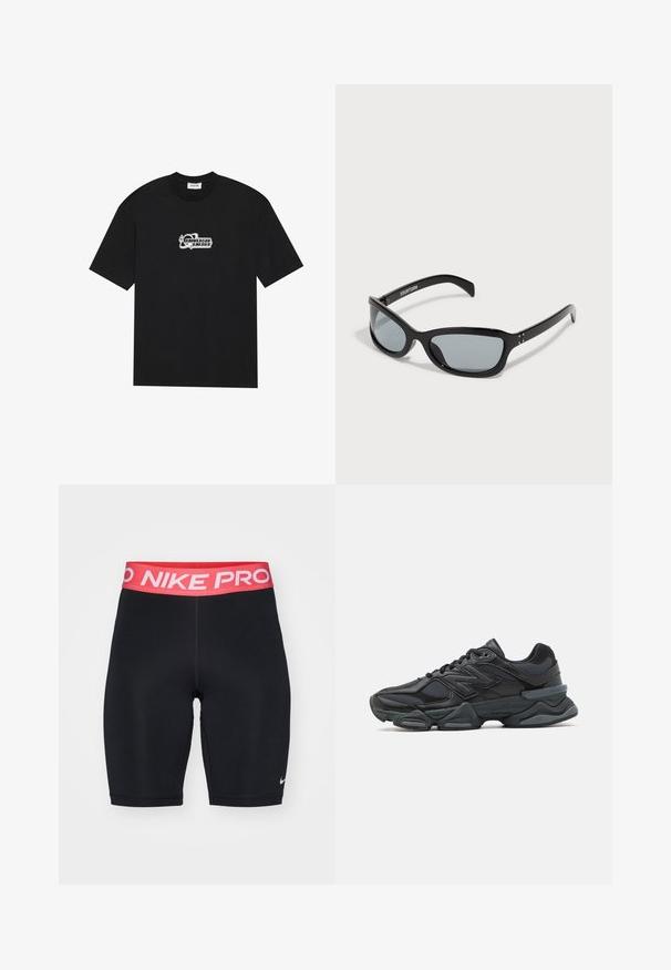 Camiseta de algodón negra de manga corta con un estampado gráfico en blanco que incluye el texto "ENERGÍA UNIVERSAL". Corte clásico y cuello redondo.; Pantalones cortos deportivos negros con una cinturilla elástica "NIKE PRO" en rojo y blanco, textura suave y un diseño ajustado, que presenta un pequeño logo en la parte inferior de la pierna.; Zapatilla de running negra que presenta una combinación de malla y materiales sintéticos, suela gruesa, diseño curvado y una marca prominente en el costado.; Gafas de sol negras con un diseño angular y elegante. Presentan lentes grises y montura de plástico brillante. Incluyen pequeños acentos metálicos y una marca en la patilla.