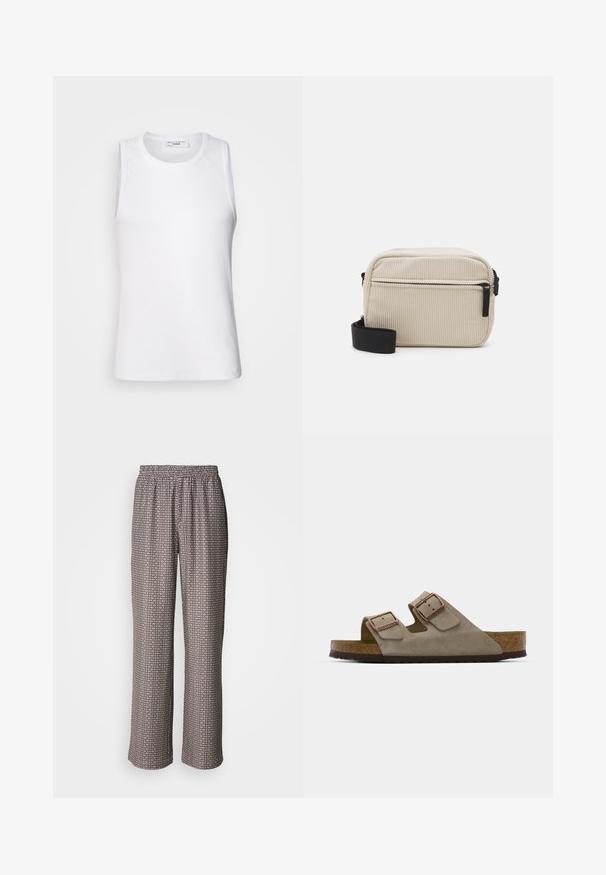 Hvid ærmeløs top lavet af glat stof, med en rund halsudskæring og en tætsiddende silhuet, velegnet til lag-på-lag eller som selvstændig beklædning.; Bredde bukser lavet af letvægtsstof med et sort-hvidt geometrisk mønster og en elastisk talje.; Suedesandal i lys grå med to justerbare spænder, en kork mellemsål og en tekstureret gummiydersål.; Cremefarvet kordfløjl crossbody taske med en sort lynlås, aftagelig skulderrem og struktureret mønster. Har et hovedrum og en frontlomme.; Multilags halskæde med metalliske sølvkæder og perler i hvide og brune nuancer, der viser varierede teksturer og former.