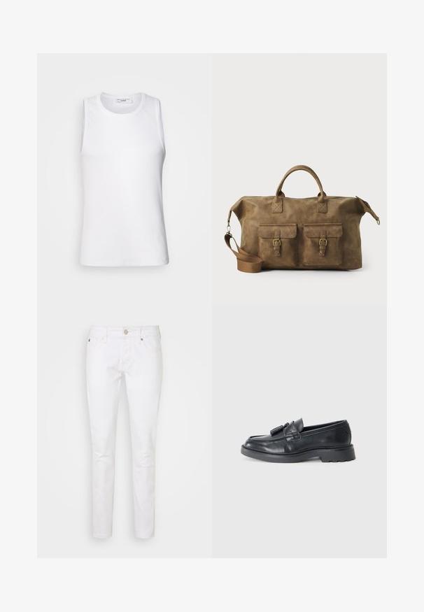 Haut sans manches blanc en tissu lisse, doté d'un col rond et d'une silhouette ajustée, adapté pour le layering ou à porter seul.; Jeans en denim blanc avec une coupe ajustée, dotés d'un design classique à cinq poches, d'un zip et de détails de couture subtils.; Mocassins en cuir noir avec un bout arrondi, une sangle ornée de pompons et une semelle épaisse dotée d'un motif de traction. Texture lisse et design classique.; Sac de voyage en cuir marron avec deux poches avant, bandoulière réglable, accessoires en or et poignées supérieures robustes. Texture lisse.; Collier à plusieurs couches mettant en valeur des chaînes argentées métalliques et des perles dans des teintes blanches et brunes, présentant des textures et des formes variées.
