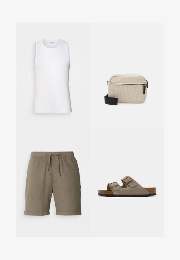 Bela brezrokavna majica iz gladkega materiala, z okroglim izrezom in oprijetim krojem, primerna za plastenje ali nošenje samostojno.; Bež platneni kratki hlače z elastičnim pasom in vrvico. Imajo stranske žepke in prirejene robove za sproščen kroj.; Semišne natikače v svetlo sivi barvi z dvema nastavljivima zaponkama, plitvim srednjim podplatom iz plutovine in teksturiranim gumijastim podplatom.; Kremno obarvana kordna torbica za čez ramo z črnim zadrgo, snemljivim trakom in strukturiranim vzorcem. Ima en glavni predel in sprednji žep.