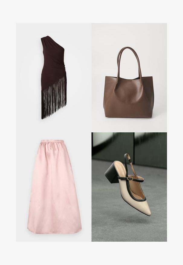 Rochie maro închis cu un umăr gol, textură adunată și tiv asimetric, decorată cu franjuri lungi negri. Material neted.; Fustă lungă, în linie A, de culoare roz, confecționată dintr-un material satinat neted. Dispune de un corset strâns, care asigură o potrivire confortabilă, și un tiv fără cusături.; Pantof divers în nuanță bej, cu vârf ascuțit, curea de susținere în spate, cu margine neagră, cataramă aurie și toc gros pe un podea gri, cu un fundal verde închis.; Geantă tote din piele maro, cu două mânere lungi, formă structurată, textură netedă și design minimal. Fără elemente sau accente vizibile.