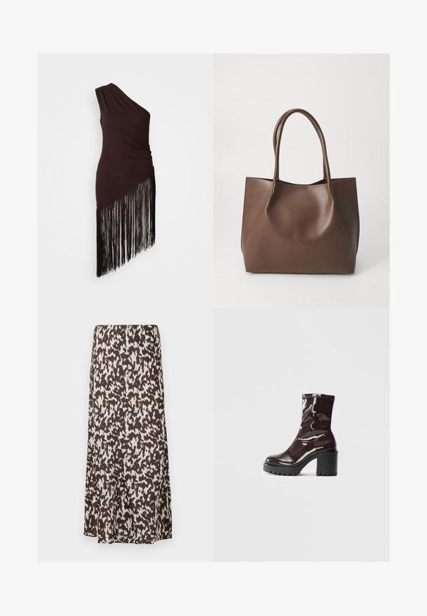 Abito marrone scuro monospalla con texture arricciata e orlo asimmetrico con lunghe frange nere. Tessuto liscio.; Gonna marrone con un motivo astratto bianco, dal design fluido e dalla texture liscia, che arriva fino a metà polpaccio.; Stivale alla caviglia bordeaux lucido con un tacco spesso nero, caratterizzato da una superficie liscia e un design semplice. Nessuna chiusura visibile o motivo.; Borsa tote in pelle marrone con due manici lunghi, forma strutturata, superficie liscia e design minimalista. Nessun hardware o accento visibile.