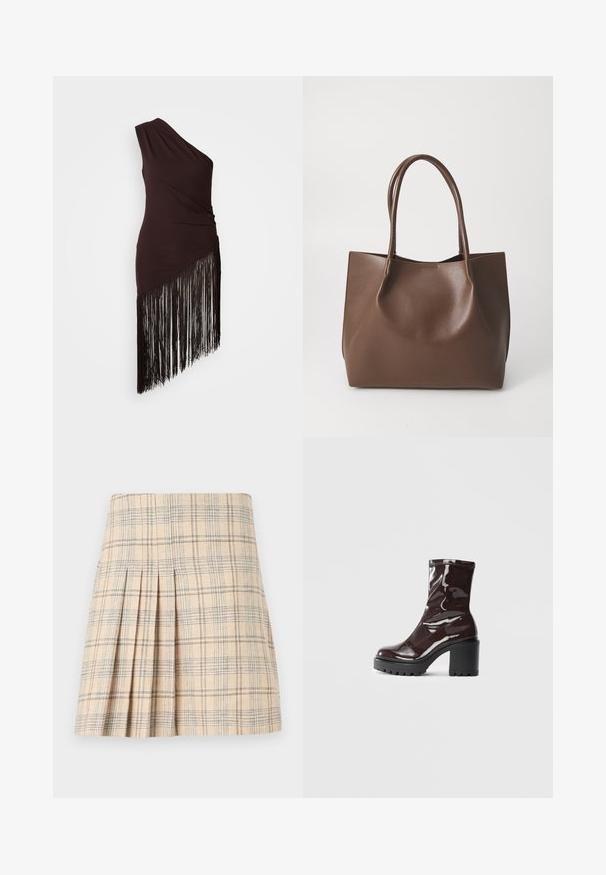 Vestido castanho escuro de um ombro só com textura franzida e bainha assimétrica decorada com franjas pretas longas. Tecido suave.; Saia plissada em padrão xadrez em bege com linhas azuis e castanhas, apresentando uma cintura ajustada e um tecido texturizado para uma aparência estruturada.; Bota de tornozelo burgundy brilhante com um salto preto robusto, apresentando uma textura suave e um design simples. Sem fechos ou padrões visíveis.; Bolsa tote de couro castanho com duas alças longas, forma estruturada, textura suave e design minimalista. Sem hardware ou acentos visíveis.