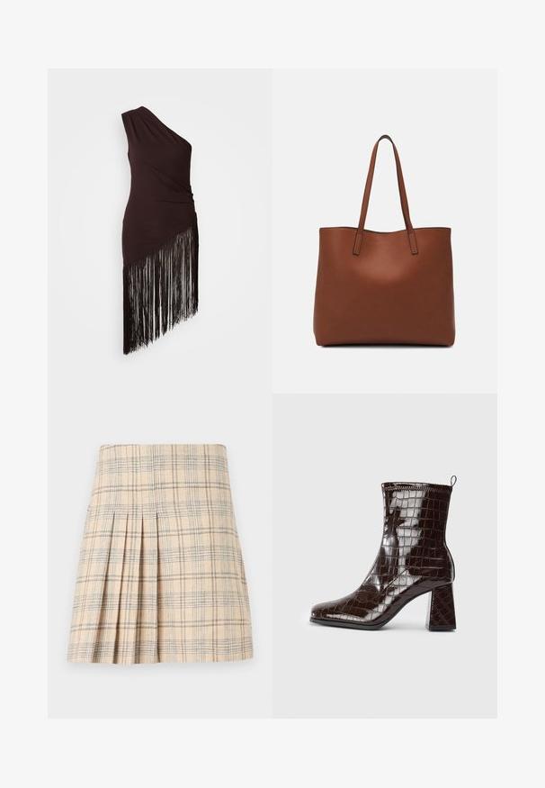 Rochie maro închis cu un umăr gol, textură adunată și tiv asimetric, decorată cu franjuri lungi negri. Material neted.; Fustă plisată în carouri bej cu linii albastre și maro, având un brâu croit și un material texturat pentru un aspect bine definit.; Botină de gleznă din piele lacuită maro închis, cu textură de crocodil, toc bloc și maner la spate, pe fundal alb.; Geantă de umăr din piele maro cu o textură netedă, design cu vârf deschis și două curele pentru umăr. Prezintă cusături minime și fără componente metalice vizibile.