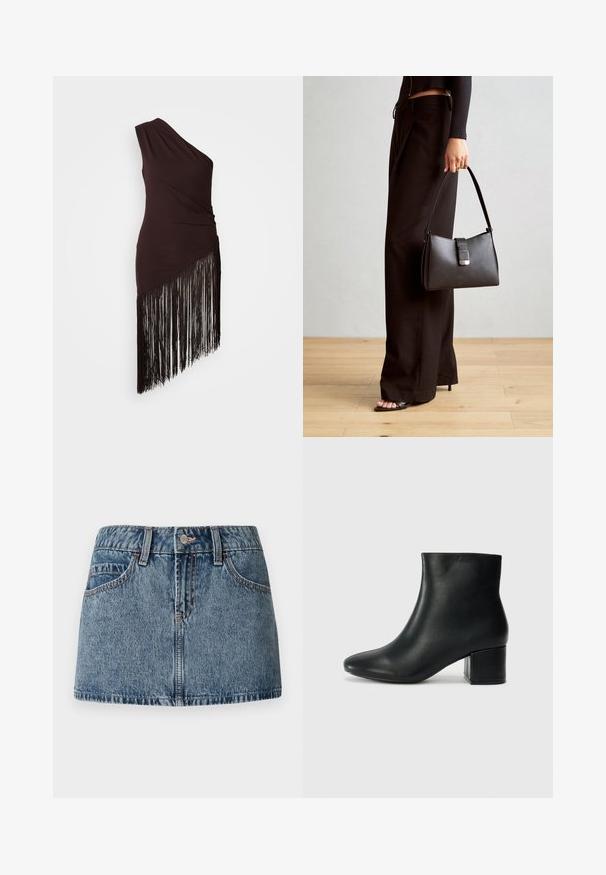 Vestido castanho escuro de um ombro só com textura franzida e bainha assimétrica decorada com franjas pretas longas. Tecido suave.; Saia mini de denim em lavagem azul média, com cintura ajustada, bolsos frontais e detalhes de costura sutis. Acabamento de tecido suave e texturizado.; Botas de tornozelo em pele preta com bico pontiagudo e um salto robusto. Textura suave com acentos mínimos e um design ajustado e elegante.; Bolsa preta com forma estruturada, textura suave e um fecho metálico. Combinada com calças largas pretas e sandálias de salto aberto sobre um chão de madeira.