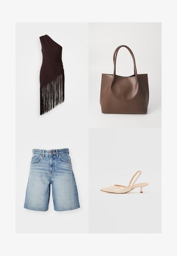 Tamsiai ruda viena petimi suknelė su suraukta tekstūra ir asimetriniu kraštu, puošta ilgais juodais kutais. Lygus audinys.; Šviesiai mėlyni džinsiniai šortai su aukštu juosmeniu, pasižymintys sagčių uždarymu, penkiais kišenėmis ir nedideliu blukimu, suteikiančiu dėvėtą išvaizdą.; Bežinės patentinės odos slingback kulniukai su smailiu priekiniu kraštu ir prašmatniu kvadratiniu kulnu. Lygus paviršius ir minimalizmo dizainas be puošmenų.; Ruda odinės totes tipo rankinės su dviem ilgomis rankenomis, struktūrine forma, lygiu tekstūru ir minimalistišku dizainu. Nėra matomų detalių ar akcentų.