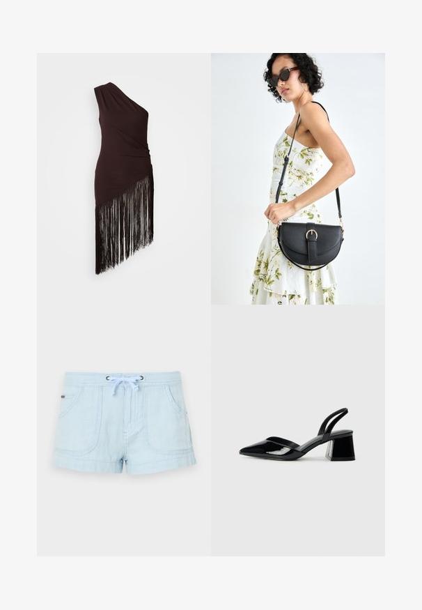 Egyvállas sötétbarna ruha ráncolt textúrával és aszimmetrikus szegéllyel, hosszú fekete bojtokkal díszítve. Simogató anyag.; Világoskék vászon rövidnadrág, állítható derékkal, két elülső zsebbel, varrott díszítéssel és laza szabással. Simább textúra, laza stílus.; Fekete lakk bőr szandálkés magas sarkú cipő, hegyes orral és geometrikus tömbsarkakkal. Karcsú, minimalista dizájn és sima textúra jellemzi.; Fekete bőrtáska ívelt formával, levehető pánttal és arany színű fémrészekkel. A táskán egy csattal díszített fedél található.