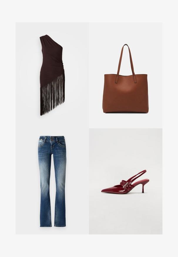 Vestido marrón oscuro de un solo hombro con textura fruncida y dobladillo asimétrico con largos detalles de flecos negros. Tela suave.; Jeans de mezclilla azul de corte acampanado con un lavado ligeramente desgastado, cierre de dos botones y costuras decorativas en los bolsillos frontales.; Zapatos de tacón tipo slingback en charol rojo con punta afilada, dos correas con hebilla y un tacón de stiletto delgado y de altura media. Textura suave.; Bolso tote de cuero marrón con una textura suave, diseño de apertura superior y dos correas para el hombro. Presenta una costura mínima y sin herrajes visibles.