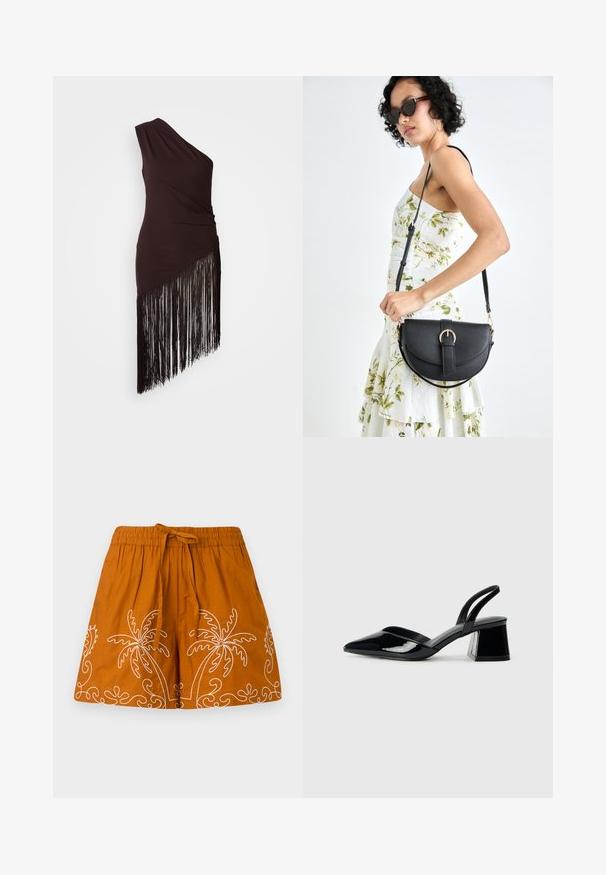 Tumši brūna viena pleca kleita ar sakrautu tekstūru un asimetrisku apakšmalu ar gariem melniem pušķiem. Gluda auduma.; Apelsīnu kokvilnas svārki ar elastīgu jostu, kas rotāti ar baltiem izšūtiem palmu koku motīviem un dekoratīvām viļņveida rakstām ap apakšmalu.; Melna lakota āda ar atvērto papēdi, ar smailu purngalu un ģeometrisku blokpapēdi. Iezīmējas elegants, minimāls dizains un gluda tekstūra.; Melnas ādas rokassoma ar izliekta formu, noņemamu siksnu un zelta aksesuāriem. Somai ir vāciņš ar sprādzes detaļu.