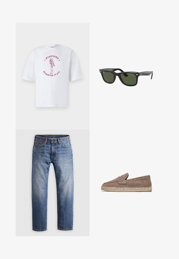 T-shirt bianca in cotone con una stampa grafica rossa di una coppia e il testo "Fiorucci 1967 dreaming of you" disposto in modo circolare.; Jeans in denim blu a gamba dritta con chiusura a bottone e cerniera, cinque tasche e cuciture arancioni su uno sfondo grigio chiaro.; FRED MARTIN COLLECTION MARBELLA - Espadrillas - taupe suede; Ray-Ban RB2140F WAYFARER - Occhiali da sole - black green
