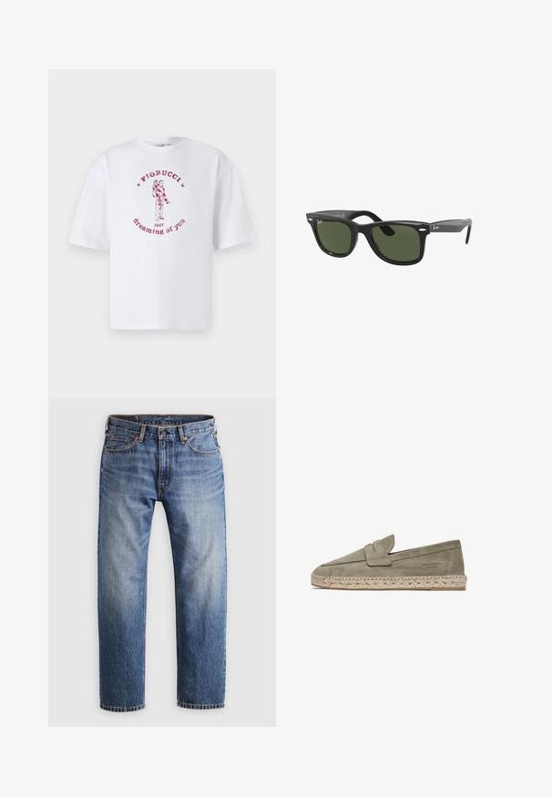 T-shirt bianca in cotone con una stampa grafica rossa di una coppia e il testo "Fiorucci 1967 dreaming of you" disposto in modo circolare.; Jeans in denim blu a gamba dritta con chiusura a bottone e cerniera, cinque tasche e cuciture arancioni su uno sfondo grigio chiaro.; Scarpa slip-on in suede verde chiaro con suola in juta intrecciata, caratterizzata da un accento piegato nella parte frontale e un tacco basso. Design semplice, profilo piatto.; Ray-Ban RB2140F WAYFARER - Occhiali da sole - black green