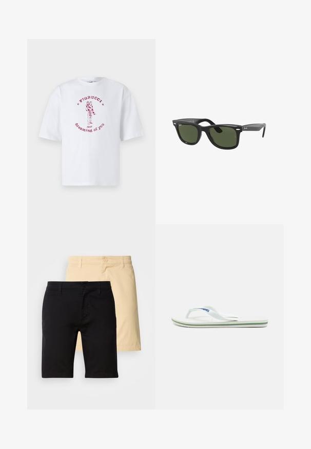 T-shirt bianca in cotone con una stampa grafica rossa di una coppia e il testo "Fiorucci 1967 dreaming of you" disposto in modo circolare.; Pantaloni corti neri e beige in cotone, con chiusura a bottone, passanti per cintura e design a gamba dritta. I pantaloni corti neri sono in primo piano.; Infradito bianchi con una soletta testurizzata, strap sottile e una linea di accento multicolore sulla suola. Presenta il logo sulla fascia.; Ray-Ban RB2140F WAYFARER - Occhiali da sole - black green