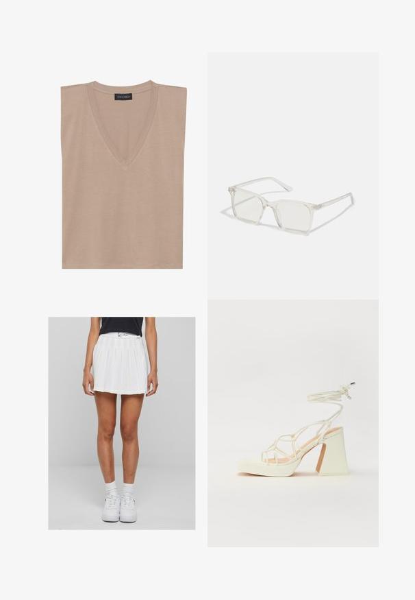 Béžový bezrukávový top s výstrihom do V a čiernou nálepkou s nápisom "ANNA FIELD" na golieri, položený na bielom pozadí.; Biele plisovaná sukňa s pásom a zipsom, so hladkým povrchom. V kombinácii s bielymi teniskami a rebrovými ponožkami.; Biele sandále na vysokom opätku s hrubým podpätkom, s pruhovaným dizajnom a viazaním na členku. Hladký povrch s platformou vpredu pre zvýšenú výšku.; Priehľadné plastové okuliare s námestovými rámami a priehľadnými šošovkami, s kultivovanými zlatými akcentmi na spánkoch pre zvýraznenie detailov.; Biela syntetická kabelka s trojuholníkovým tvarom, plochým predným klapkou a detailom mašle, nastaviteľným popruhom, hladkou textúrou a minimalistickým dizajnom.