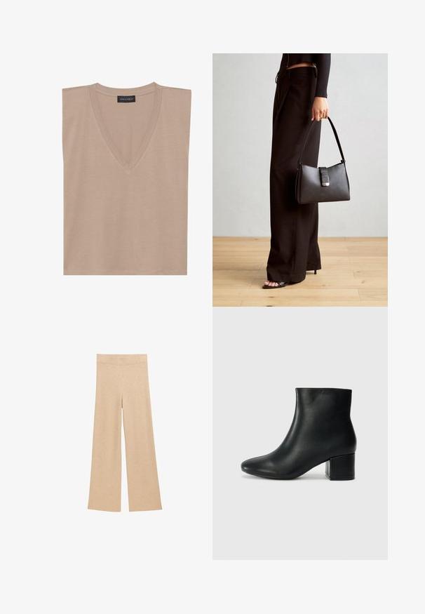 Beige ärmelloses V-Ausschnitt-Oberteil mit einem schwarzen Etikett, auf dem "ANNA FIELD" steht, am Kragen, flach auf weißem Hintergrund ausgelegt.; Beige weite Hosen aus weichem Stoff, mit flachem Bund und minimalistischer Gestaltung. Keine sichtbaren Muster oder Beschläge.; Schwarze Leder-Ankle-Boots mit spitzem Zehenbereich und klobigem Absatz. Glatte Textur mit minimalen Akzenten und einem eleganten, taillierten Design.; Schwarze Handtasche mit strukturierter Form, glatter Textur und einem metallischen Verschluss. Kombiniert mit weiten schwarzen Hosen und offenen Sandalen auf einem Holzboden.
