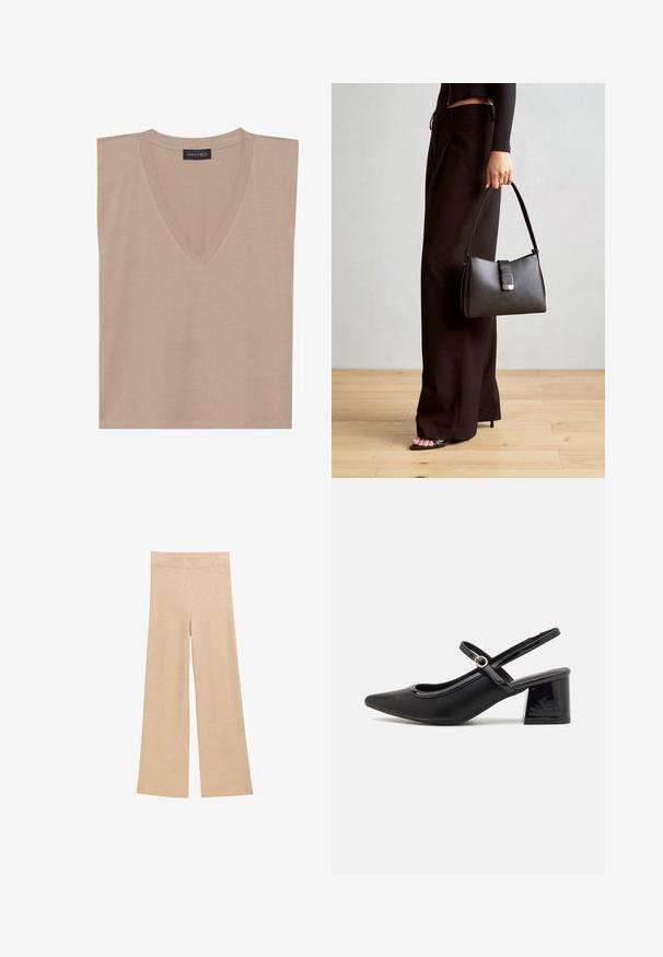 Top sin mangas color beige con escote en V y una etiqueta negra que dice "ANNA FIELD" en el cuello, colocado plano sobre un fondo blanco.; Pantalones de pierna ancha beige, hechos de una tela suave, con una cinturilla plana y un diseño minimalista. Sin patrones visibles ni elementos de ferretería.; Tacones slingback de charol negro con punta afilada, un diseño de corte redondeado y tacón bloque. Incluye un detalle de hebilla en tono dorado.; Bolso negro con forma estructurada, textura suave y un cierre metálico. Combinado con pantalones anchos negros y sandalias de dedo en un suelo de madera.