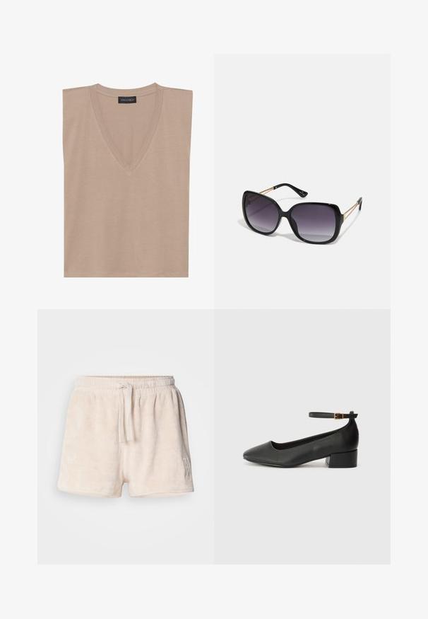 Top senza maniche beige con scollatura a V e un'etichetta nera che recita "ANNA FIELD" sul colletto, adagiato piatto su uno sfondo bianco.; Shorts in pile di colore crema con una vita elasticizzata, chiusura con cordoncino e dettaglio ricamato in basso a sinistra. Tessuto morbido e testurizzato.; Pump in pelle nera con punta affusolata e tacco basso a blocco. Presenta una cinghia alla caviglia con una fibbia in tonalità oro. Texture liscia.; Occhiali da sole neri oversize con lenti sfumate, montatura spessa e dettagli in catena dorata sulle astine.