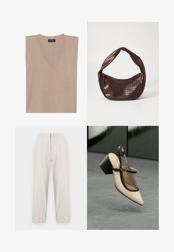 Bež majica bez rukava s V-izrezom i crnom etiketom s natpisom "ANNA FIELD" na ovratniku, položena ravno na bijeloj pozadini.; Pantalone boje kreme sa ravnim nogavicama, s detaljima pregiba sprijeda, dva bočna džepa i pojasom srednje visine.; Bež cipele s otvorenom petom i šiljastim vrhom, crnim obrubom, zlatnom kopčom i debelim blok-petom na sivom podu s tamnozelenom pozadinom.; Smeđa pletena kožna torba s zakrivljenom, čvoranom ručkom i zatvaranjem na patentni zatvarač. Glatka tekstura i zaobljeni oblik.