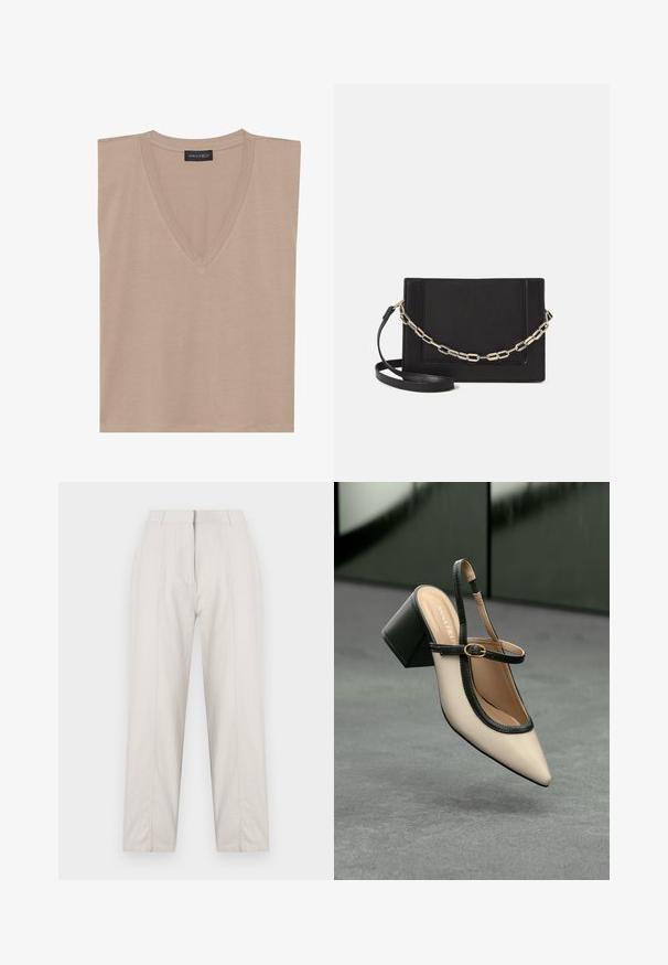 Bež ilma varrukatega V-kaelusega topp, mille kaeluses on must silt "ANNA FIELD", lamab valgel taustal.; Kreemivärvi püksid sirge jala disainiga, millel on eesmine voldik, kaks külgtaskut ja keskmise kõrgusega vöökohal.; Beesidega teravatoe slingback king, musta äär ja kuldne pandla, tummise plokk-kontsa peal hallil põrandal tumesinise tausta ees.; Mustast nahast õlakott, mis omab siledat tekstuuri, ristküliku kuju ning esiküljel metallketi detaili. Reguleeritav rihm on kaasas.