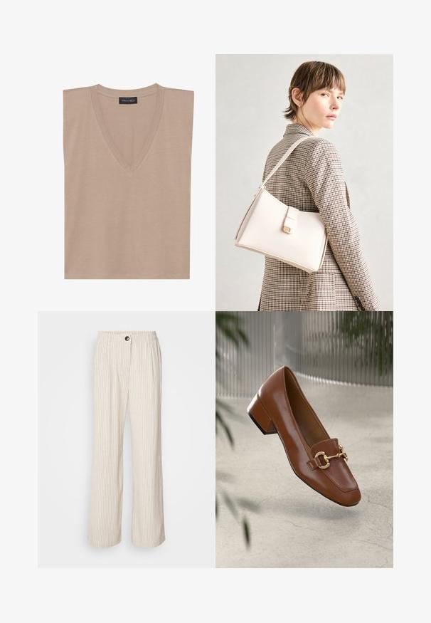 Beige ujjatlan, V nyakú felső, a gallérján fekete felirattal, amelyen az "ANNA FIELD" felirat szerepel, fehér háttérre helyezve.; Világos bézs, széles szárú nadrág függőleges csíkokkal, rugalmas derékkal és gombos záródással. Texturált anyagból készült, lazább illeszkedésért.; Barna lakkbőr loaferek négyzet alakú orral, fém lánc díszítéssel és alacsony blokk sarkú kialakítással; sima textúra, minimalista design.; Fehér bőr táska strukturált dizájnnal, mágneses záródással és vállpánttal, semleges háttér előtt bemutatva.