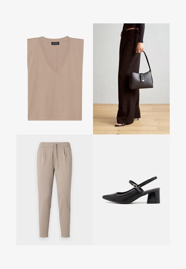 Bēša bezpiedurkņu V-veida kakla tops ar melnu etiķeti, uz kuras rakstīts "ANNA FIELD", izklāts uz baltas fona.; Gaiši brūni sporta bikses, kas izgatavotas no mīksta auduma, ar elastīgu jostu un auklu, kā arī sānu kabatām. Šauras kāju formas dizains.; Melns patentēts ādas sandales ar norādīta pirksta formu, noapaļotu izgriezuma dizainu un bloķētu papēdi. Iezīmēta ar zelta toņa sprādzi.; Melnā somiņa ar strukturētu formu, gludu tekstūru un metālu sprādzi. Saskaņota ar platām melnām biksēm un sandālēm ar atvērtu purngalu uz koka grīdas.