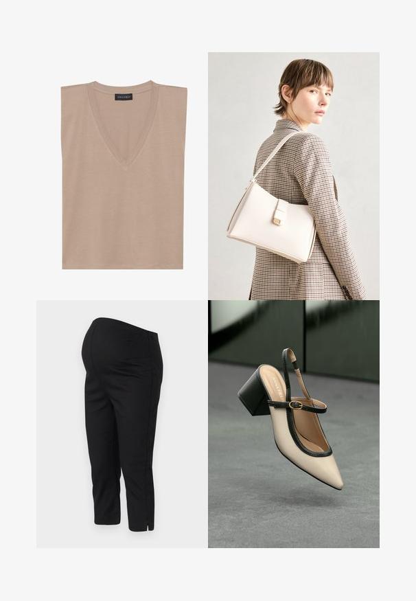 Bež brezrokavnik s V-izrezom in črno etiketo, ki na ovratniku nosi napis "ANNA FIELD", položen na belem ozadju.; Črne športne hlače z elastičnim pasom, krajšega kroja in stranskimi razporki na robovih za enostavno gibanje. Gladka tekstura.; Bežna slingback čevlja z uskim sprednjim delom, črnimi detajli, zlatim zaponko in debelim blokovskim peto na sivi tleh s temno zeleno ozadje.; Bela usnjena torba s strukturirano zasnovo, opremljena z magnetnim zapiranjem in naramnico, prikazana na nevtralni ozadju.
