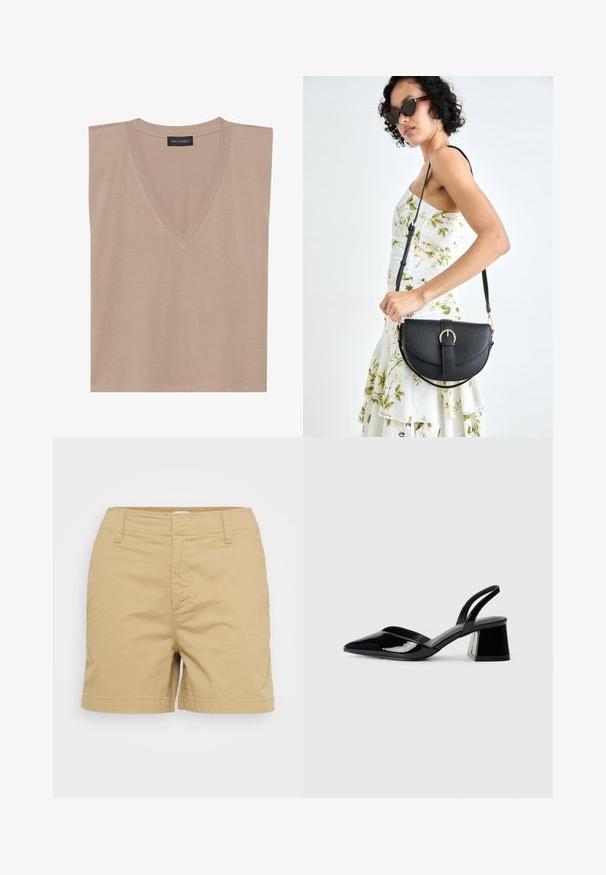 Bež majica bez rukava s V-izrezom i crnom etiketom s natpisom "ANNA FIELD" na ovratniku, položena ravno na bijeloj pozadini.; Kratke pamučne hlače u bež boji s krojem, koje imaju prednje džepove i petlje za remen, glatku teksturu i ravnu obrub.; Crne lakirane kožne sandale s otvorenom petom i špicastim vrhom, s geometrijskom blok petom. Imaju elegantan, minimalistički dizajn i glatku teksturu.; Crna kožna torba s lukovitim oblikom, odvojivim remenom i zlatnim detaljima. Torba ima preklop s kopčom.