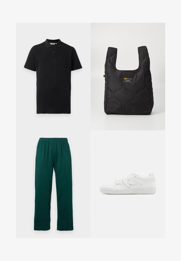 Melnā polo krekls, kas izgatavots no teksturēta kokvilnas. Tam ir divu pogu atvērums, īsas piedurknes un diskrēta izšūta logo uz krūšu daļas.; Tumši zaļas flīsa bikses ar elastīgu jostu, taisnām kājām un redzamām šuvju detaļām pa priekšu, parādītas uz balta fona.; Balti sporta apavi, izgatavoti no gludas ādas, ar perforētu purngalu, struktūrētu gumijas zoli, plakaniem auklām un izteiktu 'N' logotipu sānos.; Melnas kviltotas somiņas ar lielu atvērumu, izliektiem formām uz virsmas un etiķeti ar dzelteniem un baltajiem burtiem priekšpusē.