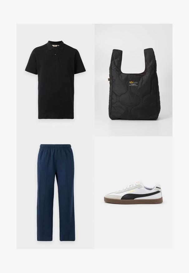 Musta poolo paita, joka on valmistettu teksturoidusta puuvillasta. Siinä on kahden napin läpivienti, lyhyet hihat ja huomaamaton kirjaillut logo rinnassa.; Laadinsiniset, joustavan vyötärönauhan housut, joissa on rento istuvuus. Ominaisuuksiin kuuluu pystysuorat sauman yksityiskohdat ja pehmeä puuvillainen rakenne.; Valkoinen nahkainen tennari mustalla mokkanahkakoristeella, pyöreä kärki, litteä ruskea kumipohja ja kohokuvioitu kullanvärinen logo sivussa. Nyörit ja pehmustettu kaulus.; Mustat, tikatut olkalaukut, joissa on suuri aukko, kaarevat muodot pinnalla ja etiketti, jossa on keltaista ja valkoista tekstiä edessä.