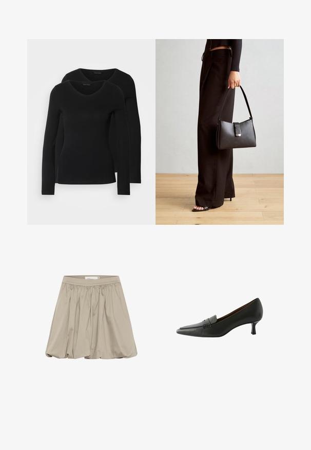 Zwei schwarze Langarmshirts mit V-Ausschnitt, aus weichem, dehnbarem Stoff, der eine glatte Textur und eine figurbetonte Passform zeigt.; Beiger Rock mit eingekräuseltem Design und elastischem Bund. Aus leichtem Stoff gefertigt, mit voluminöser Form und glatter Textur.; Schwarzer Lederschuh mit Absatz, spitz zulaufend und dekorativem Riemen. Er verfügt über einen niedrigen Stilettoabsatz und eine glatte Oberfläche.; Schwarze Handtasche mit strukturierter Form, glatter Textur und einem metallischen Verschluss. Kombiniert mit weiten schwarzen Hosen und offenen Sandalen auf einem Holzboden.