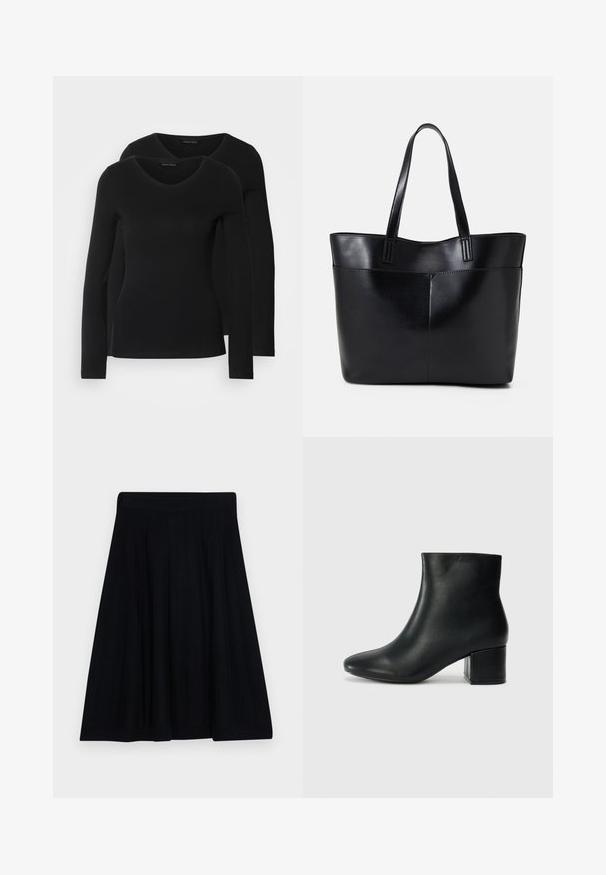 Dve črne majice z dolgimi rokavi in V-izrezom, narejene iz mehkega in raztegljivega materiala, ki prikazuje gladko teksturo in prilegnjeno obliko.; Črna plisirana krila z teksturirano površino, z širokim pasom in tekočo A-linijo za udobno nošenje.; Črne usnjene gležnjarje s koničastim nosom in debelim peto. Gladka tekstura z minimalnimi detajli in eleganten, prilegajoč dizajn.; Črna usnjena torba z dvema dolgima ročajema, gladko teksturo in strukturirano obliko. Ima sprednji žep za dodatno shranjevanje.