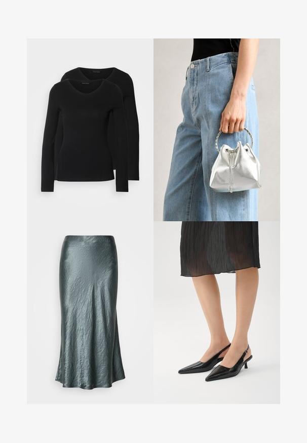 Two black long-sleeve shirts with a V-neck design, made of soft, stretchy fabric, showing smooth texture and a fitted shape.; Metallic teal midi skirt with a crinkled texture, featuring a flared shape and smooth finish. No visible fastenings or embellishments.; Black pointed-toe slingback heels with a glossy finish, slender heel, and open back design. Textured pattern on the upper material.; Metallic silver bucket bag with a textured finish, adorned with a silver round handle and drawstring closure, held against light blue jeans.