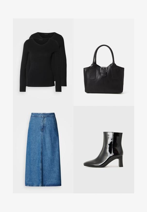 Two black long-sleeve shirts with a V-neck design, made of soft, stretchy fabric, showing smooth texture and a fitted shape.; Denim midi skirt with a relaxed fit, featuring a high waist, frayed hem, and a solid blue color. Simple design with no visible embellishments.; Black patent leather ankle boot with a pointed toe and a mid-height block heel. Smooth texture and minimalist design.; Black leather tote bag with smooth texture, structured shape, two handles, and a prominent silver buckle detail on the front.