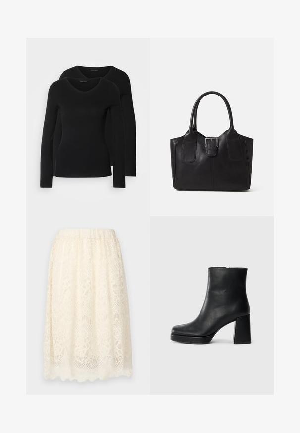 Två svarta långärmade tröjor med V-ringning, tillverkade av mjukt, stretchy tyg, som visar en slät textur och en figursydd form.; Spetsskirt i krämfärg med en texturerad blommönster, elastisk midja och en vågig nederkant för extra detalj.; Svart läderankelboot med blockklack och platåsula, sedd från sidan på en enkel vit bakgrund.; Svart läder tote-väska med slät yta, strukturerad form, två handtag och en framträdande silverfärgad spänne på framsidan.