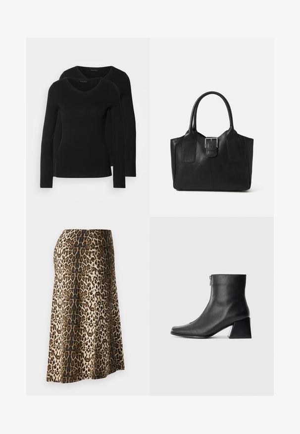 Dvě černé dlouhé rukávy trička s výstřihem do V, vyrobené z měkkého, elastického materiálu, s hladkou texturou a přiléhavým střihem.; Sukně s leopardím potiskem a jemnou, hladkou texturou; barvy zahrnují béžovou, černou a hnědou; délka po kotníky s přiléhavým pasem.; Černá kožená kotníková bota se čtveratým špičkou, bočním zipem a blokovým podpatkem na jednobarevném světlem pozadí.; Černá kožená tote taška s hladkým povrchem, strukturovaným tvarem, dvěma uchy a výrazným stříbrným detailem s přezkou na přední straně.