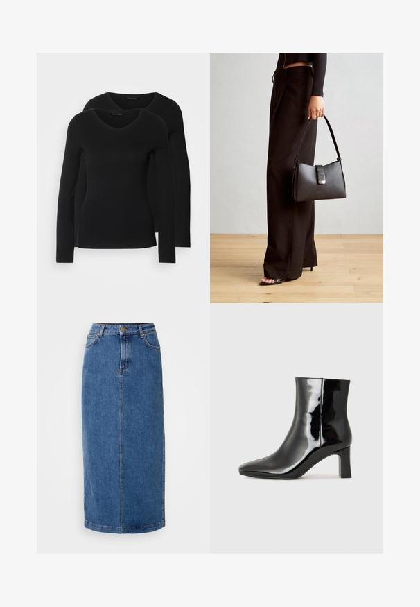 Két fekete, hosszú ujjú póló V nyakkal, puha, rugalmas anyagból, sima textúrával és testhezálló fazonnal.; Denim szoknya, térd hosszúságú, kék színű, egyenes szabású. Elülső zsebekkel, övtartókkal és kontrasztos varrással a varratokon. Sima textúra.; Fekete lakk bőrcipő bokáig érő, hegyes orral és közepes magasságú tömbsarokkal. Simább textúrával és minimalista dizájnnal rendelkezik.; Fekete kézi táska strukturált formával, sima textúrával és fémből készült záródással. Széles fekete nadrággal és nyitott orrú szandállal párosítva, fából készült padlón.