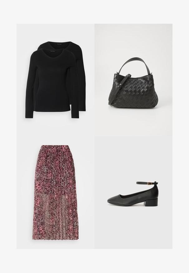 Două cămăși negre cu mâneci lungi și decolteu în V, fabricate dintr-un material moale și elastic, cu o textură netedă și o formă ajustată.; Fustă maxi transparentă cu un model floral în nuanțe de burgundy și roz, prezentând un brâu elastic și un design plissetat.; Pantof cu toc negru din piele, cu vârf ascuțit și toc mic pătrat. Dispune de o curea la gleznă cu o cataramă în tonuri de aur. Textură netedă.; Geantă din piele împletită neagră, cu o formă rotunjită, având un mâner superior și o curea detașabilă. Textură netedă și detalii subtile de cusătură.