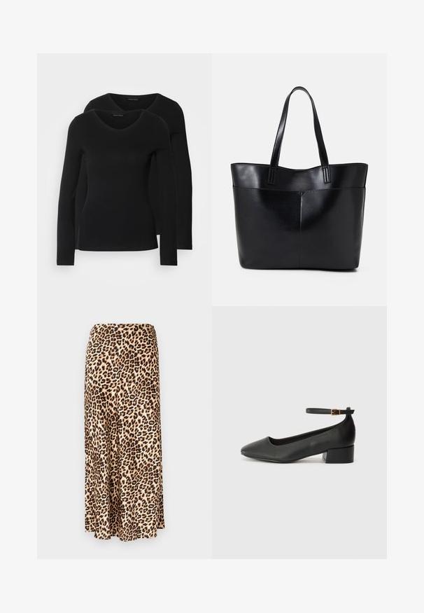 Két fekete, hosszú ujjú póló V nyakkal, puha, rugalmas anyagból, sima textúrával és testhezálló fazonnal.; Zebra mintás, sima anyagból készült hosszú szoknya. Barna alapszín fekete és barna foltokkal. Bővülő forma egyenes szegéllyel.; Fekete bőr magassarkú cipő hegyes orral és alacsony tömb sarkal. Bokapánttal rendelkezik, aranyszínű csattal. Simább textúra.; Fekete bőr bevásárlótáska két hosszú fogantyúval, sima felülettel és strukturált formával. Elülső zseb található rajta a plusz tárolás érdekében.