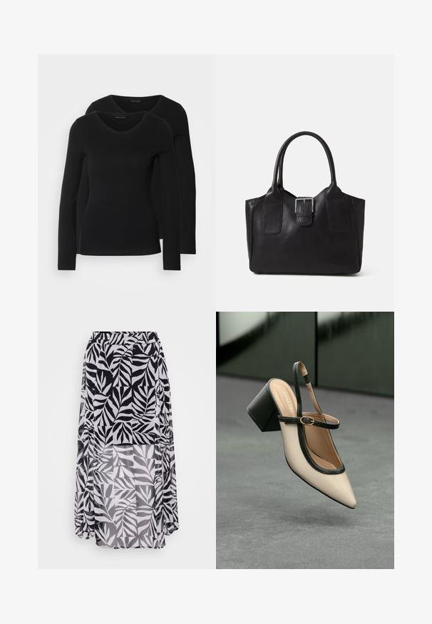 Dve črne majice z dolgimi rokavi in V-izrezom, narejene iz mehkega in raztegljivega materiala, ki prikazuje gladko teksturo in prilegnjeno obliko.; Krilo s motivom listov v črno-beli barvi, izdelano iz lahkega, teksturiranega blaga, s elastičnim pasom in dolžino do tal.; Bež visoka petka z odprtim zadnjim delom, koničastim sprednjim delom, črnim robom in zaponko. Gladek material z mat zaključkom, srednje debela petka.; Črna usnjena torba s gladko teksturo, strukturirano obliko, dvema ročkama in izrazitim srebrnim sponko na sprednji strani.