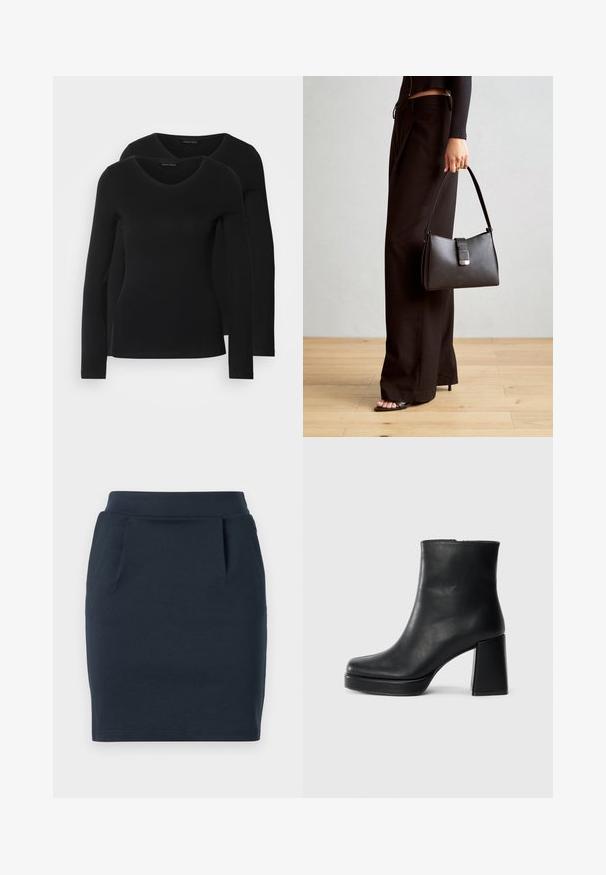 Dve črne majice z dolgimi rokavi in V-izrezom, narejene iz mehkega in raztegljivega materiala, ki prikazuje gladko teksturo in prilegnjeno obliko.; Mornarsko modra tinkalna jerseyeva krila s prilegajočo silhueto, ki ima gladko pasnico in dva sprednja žepa.; Črne usnjene gležnjarje z blok peto in platformo, prikazane s strani na enobarvni beli podlagi.; Črna torbica z strukturirano obliko, gladko teksturo in kovinskim zaponko. Ujemajo se z širokimi črnimi hlačami in odprtimi sandali na lesenem tleh.