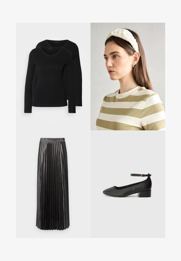 Duas camisetas pretas de manga longa com design em V, feitas de um tecido macio e elástico, apresentando uma textura suave e um formato ajustado.; Saia maxi plissada preta com uma cintura elástica, apresentando uma superfície brilhante e texturizada, e plissados verticais ao longo do seu comprimento.; Sandal de pele preta com bico pontiagudo e um salto bloco baixo. Apresenta uma tira no tornozelo com uma fivela em tom dourado. Textura suave.; Fita de cabelo almofadada em creme com design torcido, acompanhada de uma camisa às riscas bege e branca com escote redondo. Acentos discretos em joias.