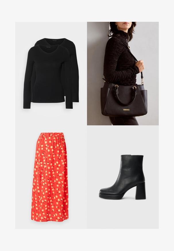 Twee zwarte longsleeve shirts met een V-hals ontwerp, gemaakt van zachte, rekbare stof, die een gladde textuur en een getailleerde vorm laten zien.; Rode maxi rok van lichte stof, met een bloemenpatroon van gele madeliefjes en zwarte details. Elastische tailleband voor comfort.; Zwarte leren enkelboot met een blokhak en platformzool, zijaanzicht op een effen witte achtergrond.; Zwarte handtas met gestructureerd oppervlak, dubbele bovenhandvatten en verstelbare schouderriem. Voorzien van goudkleurige hardware en zijzakken.