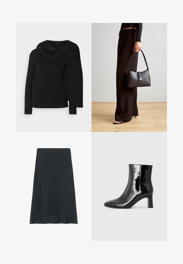 Két fekete, hosszú ujjú póló V nyakkal, puha, rugalmas anyagból, sima textúrával és testhezálló fazonnal.; Sötét szürke, pliszírozott midi szoknya rugalmas derékkal. Függőleges pliszék jellemzik, amelyek textúrát és áramlást biztosítanak. Simára finomított szövet.; Fekete lakk bőrcipő bokáig érő, hegyes orral és közepes magasságú tömbsarokkal. Simább textúrával és minimalista dizájnnal rendelkezik.; Fekete kézi táska strukturált formával, sima textúrával és fémből készült záródással. Széles fekete nadrággal és nyitott orrú szandállal párosítva, fából készült padlón.