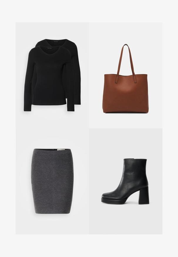 Zwei schwarze Langarmshirts mit V-Ausschnitt, aus weichem, dehnbarem Stoff, der eine glatte Textur und eine figurbetonte Passform zeigt.; Grauer Wollbleistiftrock mit glatter Textur und enger Passform, ausgestattet mit einem diskreten Bund und ohne sichtbare Verzierungen.; Schwarze Leder-Stiefelette mit Blockabsatz und Plattformsohle, seitlich auf einem schlichten weißen Hintergrund betrachtet.; Braune Leder-Tote mit glatter Textur, offenem Oberteil und zwei Schulterriemen. Verfügt über minimale Nähte und keine sichtbaren Beschläge.