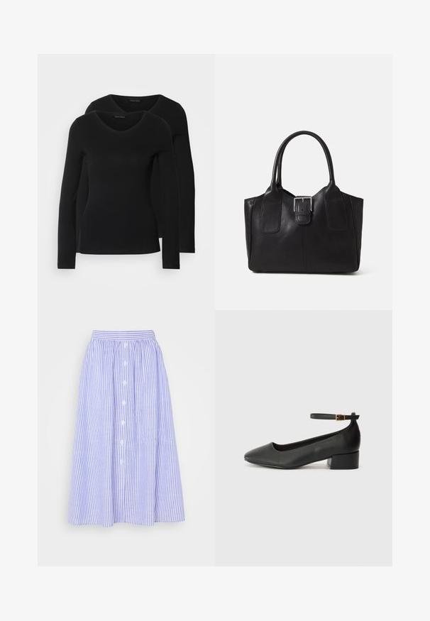 To sorte langærmede t-shirts med V-hals-design, lavet af blødt, strækbart stof, som viser en glat tekstur og en tætsiddende pasform.; Lys blå og hvid stribet nederdel, mellemlang, med en samlet talje, knaplukning foran og subtil tekstur.; Sorte læderpumper med spids tå og en lav blokhæl. Har en ankelrem med en guldfarvet spænde. Glat tekstur.; Sort læder tote taske med glat tekstur, struktureret form, to håndtag og en fremtrædende sølvspænde detalje på forsiden.