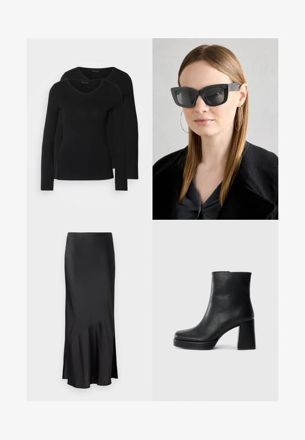 Du į juodas ilgomis rankovėmis marškiniai su V formos iškirpte, pagaminti iš minkštos, tamprios medžiagos, rodantys lygią tekstūrą ir prigludusią formą.; Juodas satino midi sijonas su elegantišku dizainu, kuris turi šiek tiek platėjančią apatinę dalį ir šonine išpjova, užtikrinančia laisvą judėjimą. Lygus paviršius.; Juodas odinis kulkšninis botas su bloku ir platformos padu, matomas šoniniu vaizdu ant balto fono.; Juodos katės akies saulės akiniai su tamsiais objektyvais, storo rėmo ir subtiliais akcentais. Dėvimi su juodu paltu ir pilku viršumi, turinčiu ilgus tiesius plaukus.