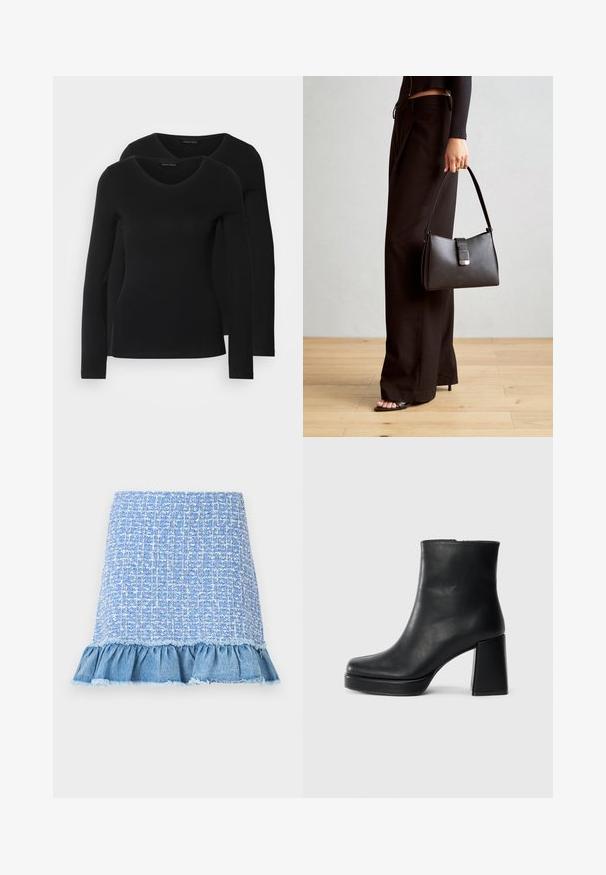 Dvoje čiernych košieľ s dlhým rukávom a výstrihom do V, vyrobených z mäkkej a elastickej látky, s jemnou textúrou a priliehavým strihom.; Svetlomodrá tkaná sukňa s volánovým denimovým lemom, so štruktúrovaným vzorom a rozstrapkanými okrajmi, vytvárajúca vrstvený vzhľad.; Čierne kožené členkové topánky s blokovým podpätkom a platformovou podrážkou, zobrazené z boku na bielom pozadí.; Čierna kabelka so štruktúrovaným tvarom, hladkou textúrou a kovovou sponou. V kombinácii so širokými čiernymi nohavicami a sandálmi s otvorenou špičkou na drevenej podlahe.