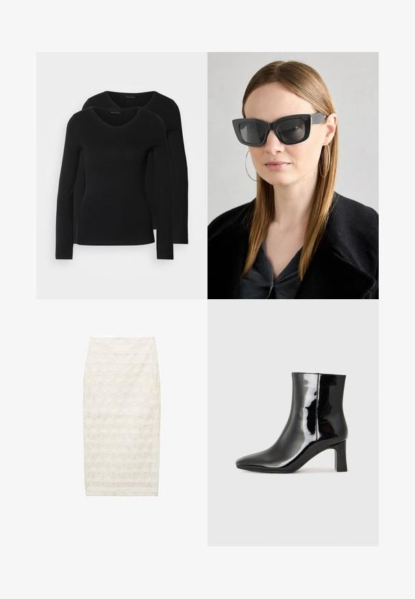 Two black long-sleeve shirts with a V-neck design, made of soft, stretchy fabric, showing smooth texture and a fitted shape.; White pencil skirt featuring textured floral pattern, mid-length design, and a slim fit. Made of lightweight fabric with subtle sheen.; Black patent leather ankle boot with a pointed toe and a mid-height block heel. Smooth texture and minimalist design.; Black cat-eye sunglasses with dark lenses, thick frames, and subtle accents. Worn with a black coat and gray top, featuring long straight hair.
