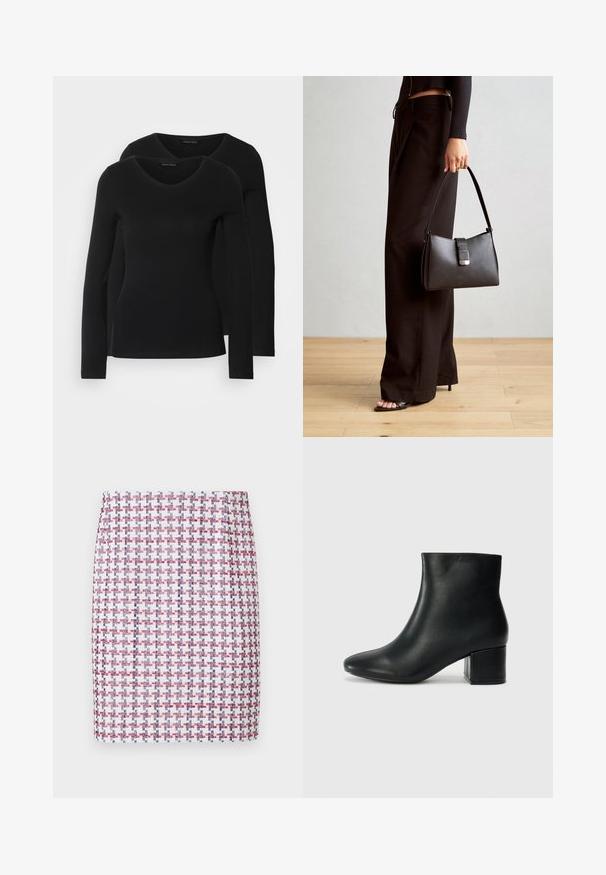 Twee zwarte longsleeve shirts met een V-hals ontwerp, gemaakt van zachte, rekbare stof, die een gladde textuur en een getailleerde vorm laten zien.; Geweven rok in een rood, wit en blauw ruitpatroon, met een rechte snit en een gladde textuur, voorzien van een middelhoge taille.; Zwarte leren enkellaarzen met een spitse neus en een chunky hak. Gladde textuur met minimale accenten en een slank, strakk ontwerp.; Zwarte handtas met gestructureerde vorm, gladde textuur en een metalen sluiting. Gecombineerd met brede zwarte broeken en sandalen met open teen op een houten vloer.