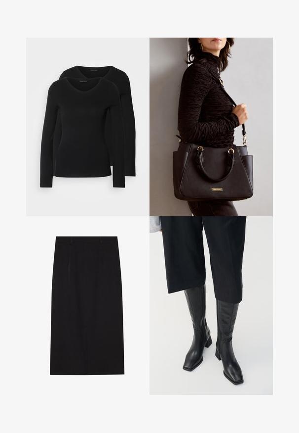Twee zwarte longsleeve shirts met een V-hals ontwerp, gemaakt van zachte, rekbare stof, die een gladde textuur en een getailleerde vorm laten zien.; Zwarte kokerrok tot de knie gemaakt van een soepele stof. Heeft een strak ontwerp met twee voornaaden en een verborgen rits aan de achterkant.; Zwarte leren kniehoge laarzen met een vierkante teen en een blokhak. Heeft een ritssluiting aan de zijkant en een gladde textuur.; Zwarte handtas met gestructureerd oppervlak, dubbele bovenhandvatten en verstelbare schouderriem. Voorzien van goudkleurige hardware en zijzakken.